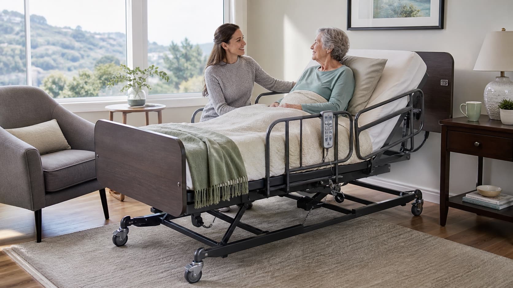 Older adult resting in a full electric hospital bed at home with support from a family caregiver